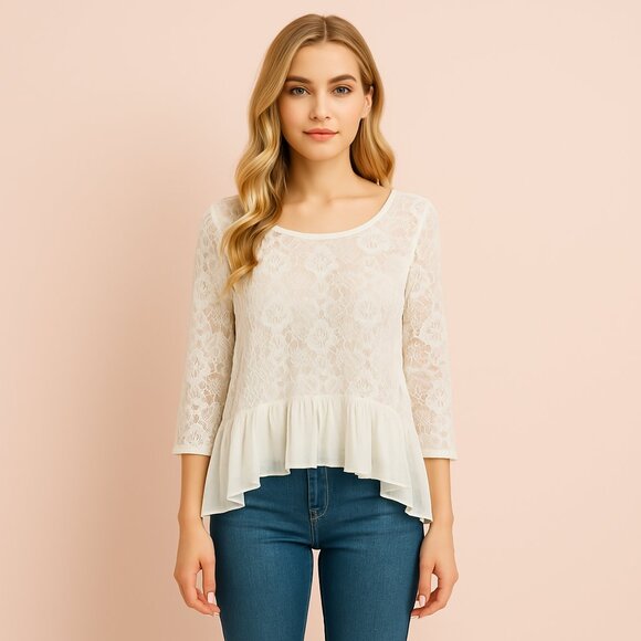 Vintage-Inspired Lace Blouse – American Rag, Feminine Ruffle Hem Size S - Picture 2 of 6